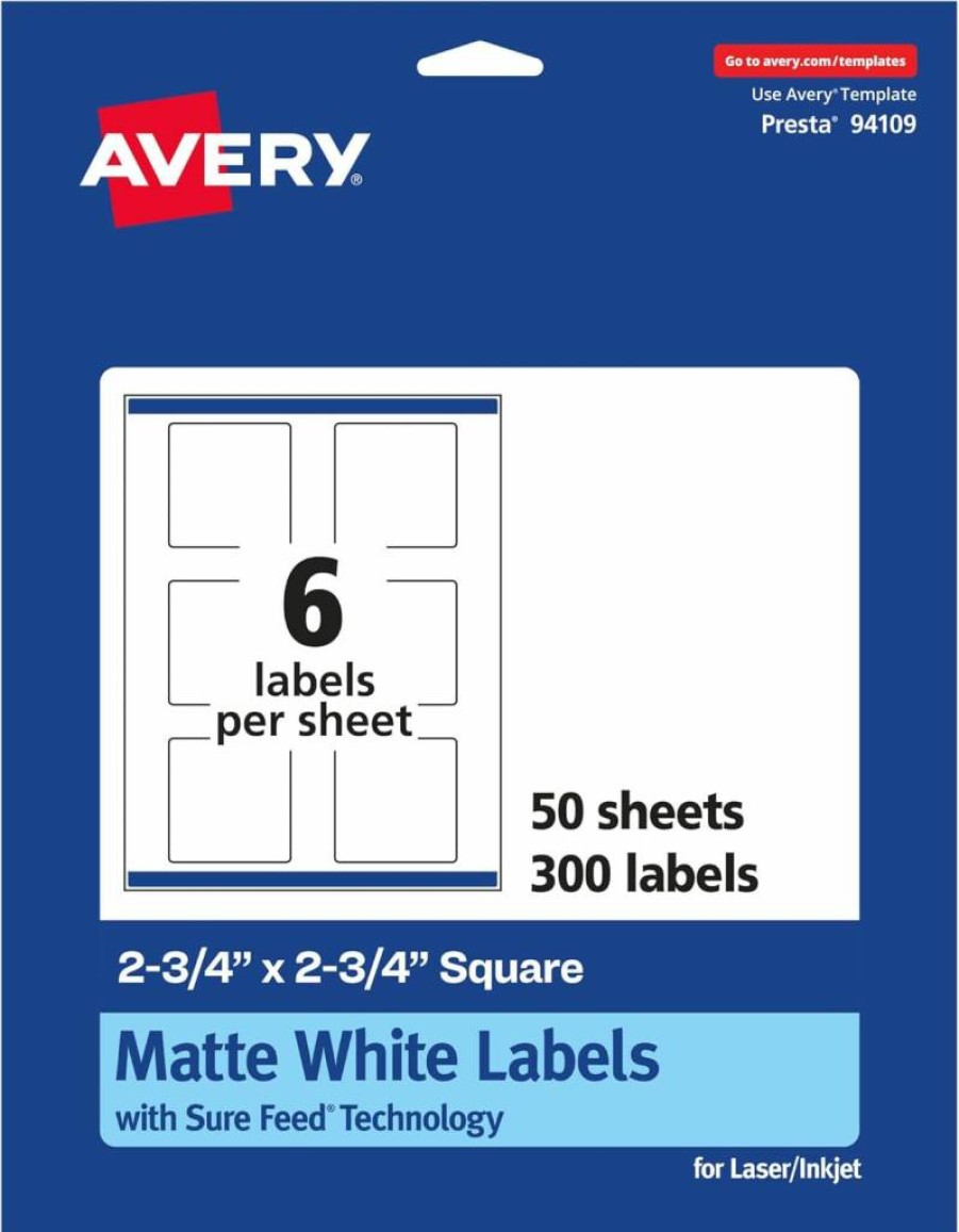 Avery Matte White Square Labels 2.75" x 2.75" - 150 Pack, Sure Feed Technology, Printable Matte Finish for Laser & Inkjet Printers