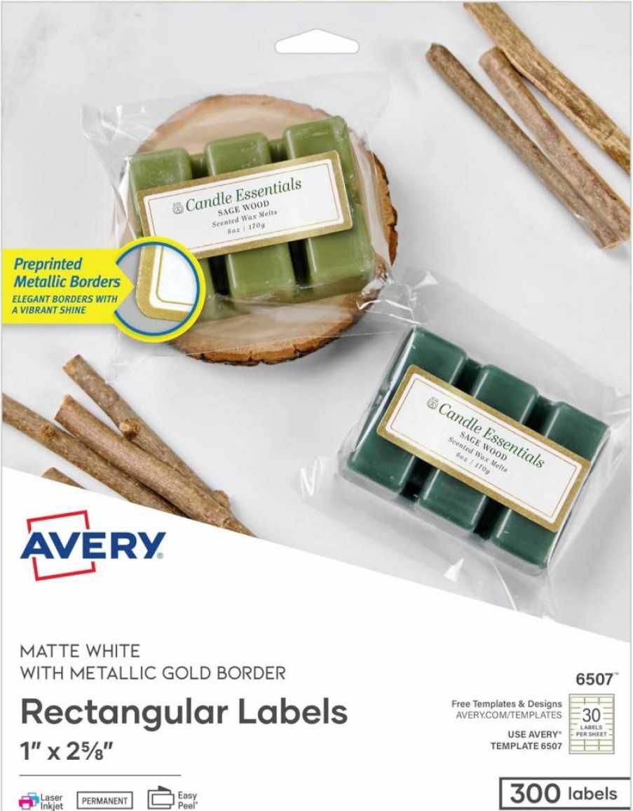AVERY Printable Address Labels 1" x 2-5/8" - Matte White with Gold Metallic Borders, 300 Permanent Blank Mailing Labels for Laser & Inkjet - Wedding Favors, Envelopes, Invitations (6507)