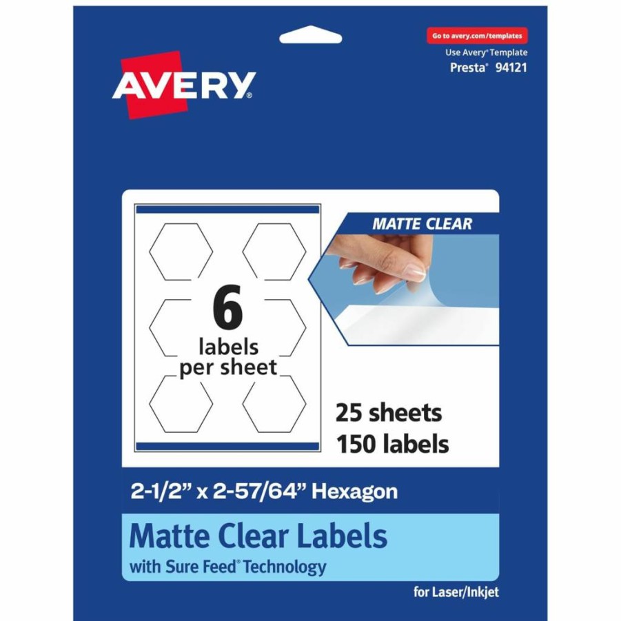 Avery Matte Clear Hexagon Labels 2.5" x 2.9", 150-Pack, Sure Feed Technology, Print-to-the-Edge for Laser/Inkjet Printers