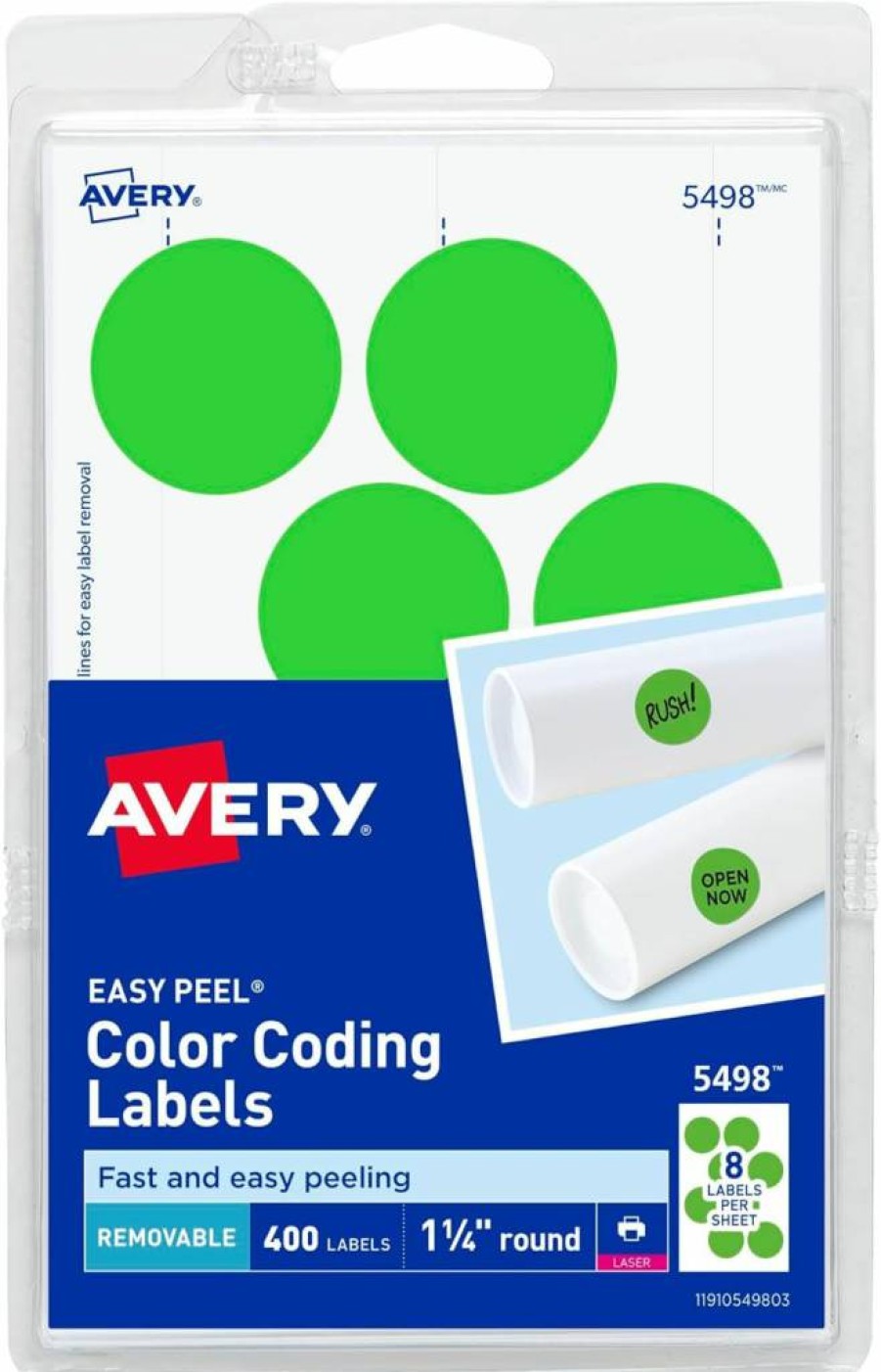 Avery 5498 Removable Neon Green Color Coding Labels, 1-1/4" Round, Pack of 400, for Laser Printers & Handwriting