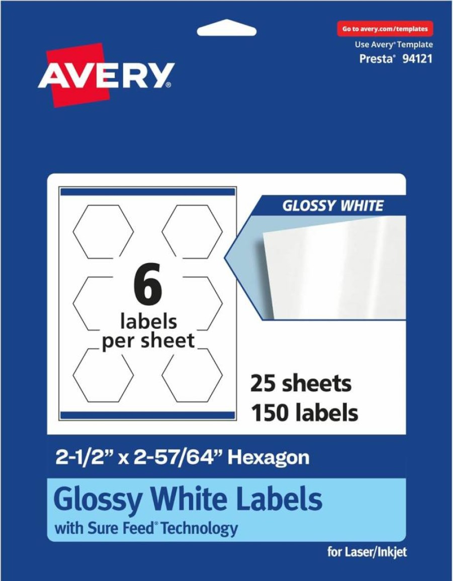 Avery Glossy White Hexagon Labels 2.5" x 2.9", 60-Pack, Sure Feed Technology, Print-to-Edge, Permanent Adhesive, Laser/Inkjet Printable