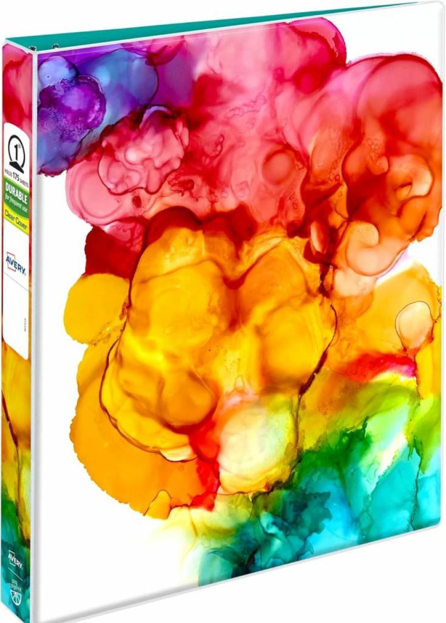 AVERY 1" Binder with Round Rings, 175-Sheet Capacity, Watercolor Rainbow Design, Tangerine Collection (28322)