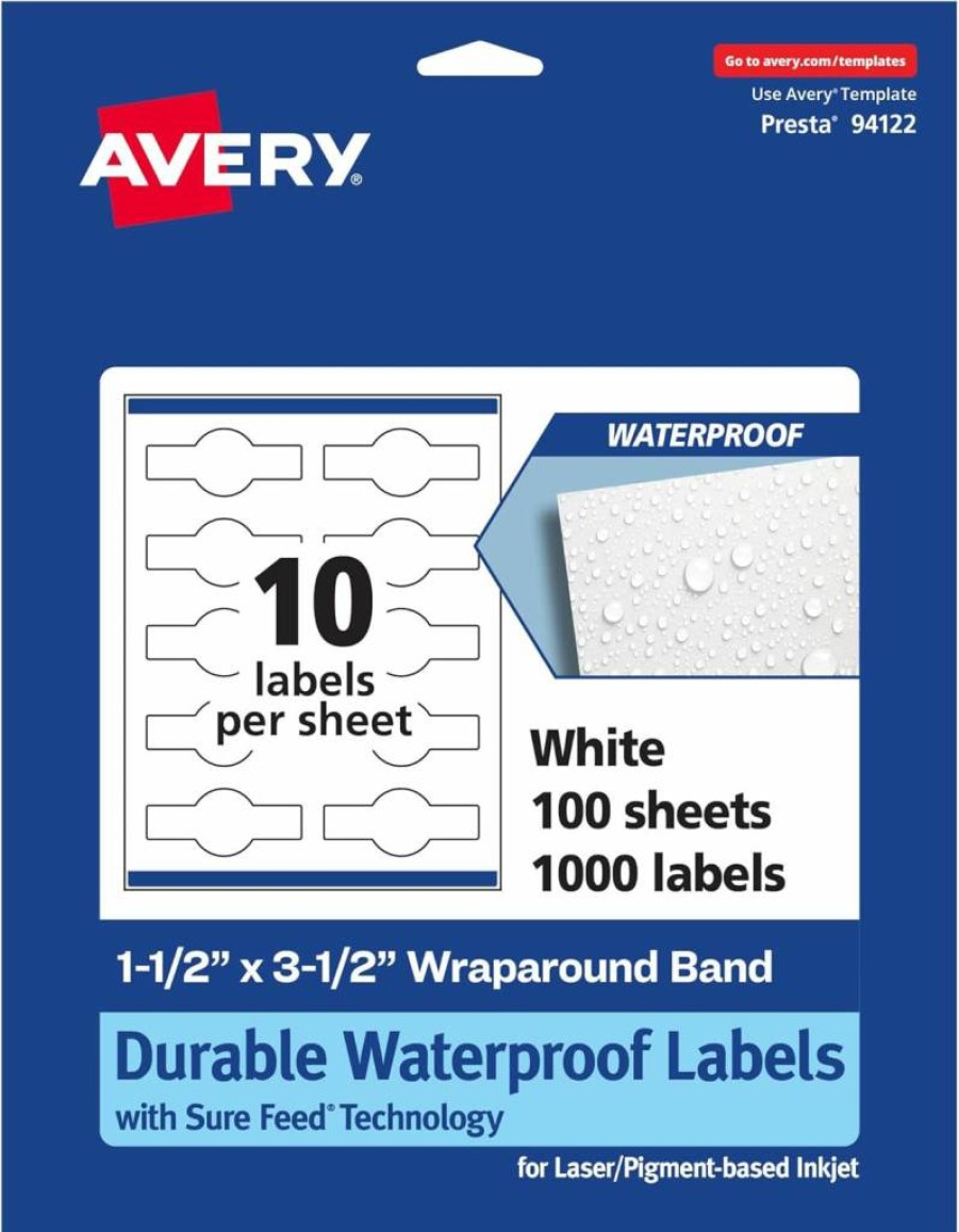 Avery Durable Waterproof Cigar Band Labels 1.5" x 3.5" - Tear & Oil Resistant, Sure Feed Technology, Print-To-The-Edge for Laser/Inkjet, 100 Labels