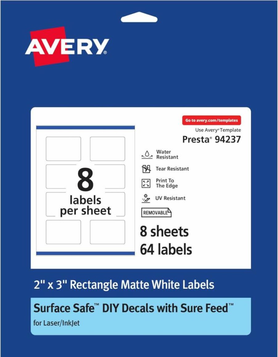 Avery Removable Labels 2" x 3" - Matte White, Water-Resistant, Laser/Inkjet Printable, 64-Pack, Sure Feed Technology for Easy Printing