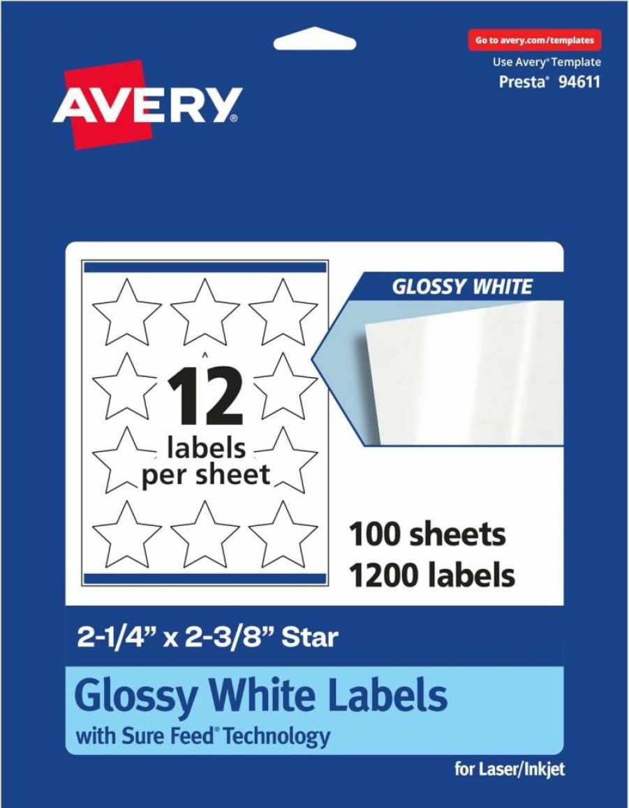 Avery Glossy White Star Labels, 2-1/4" x 2-3/8", 300-Pack, Permanent Adhesive, Laser/Inkjet Printable, Sure Feed Technology, Print-To-The-Edge Design