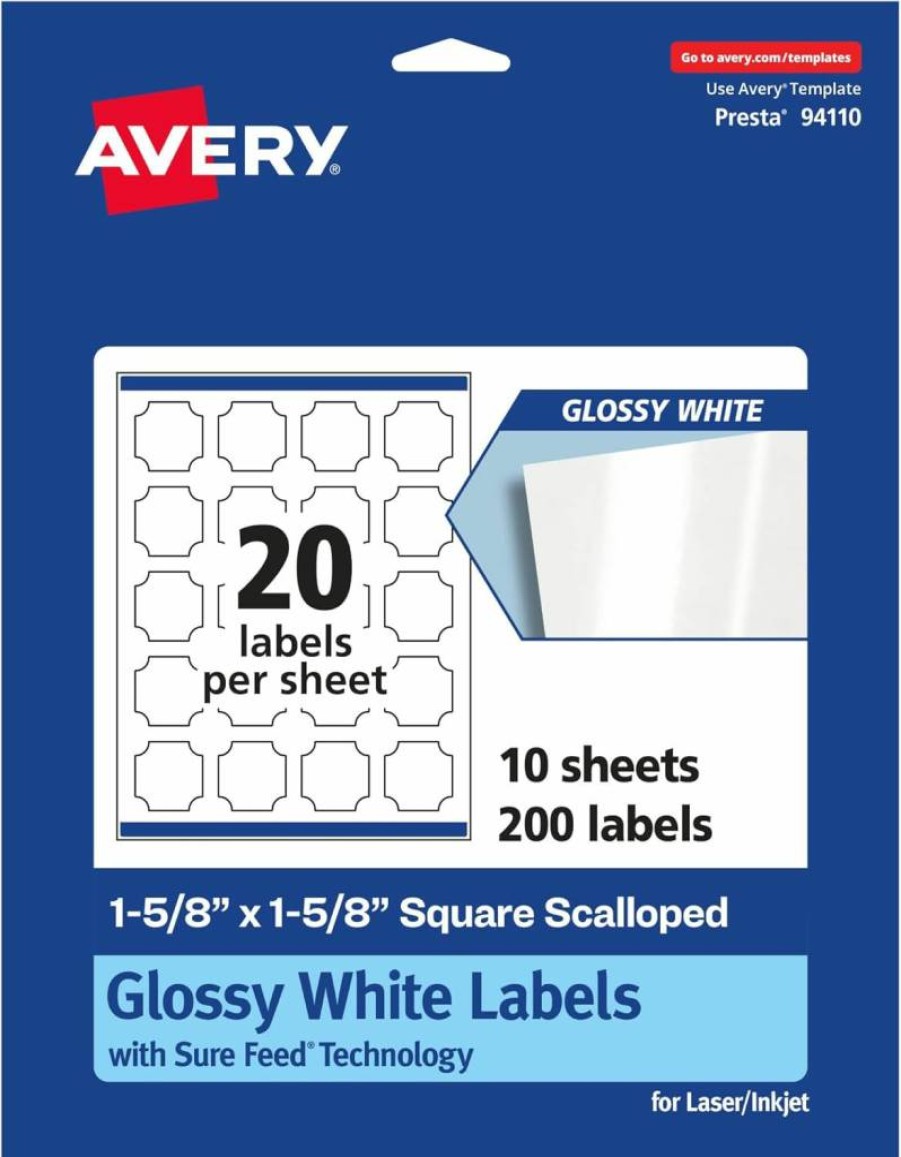 Avery Glossy White 1-5/8" Square Scalloped Labels, 200-Pack, Permanent Adhesive, Print-To-The-Edge for Laser/Inkjet, Sure Feed Technology