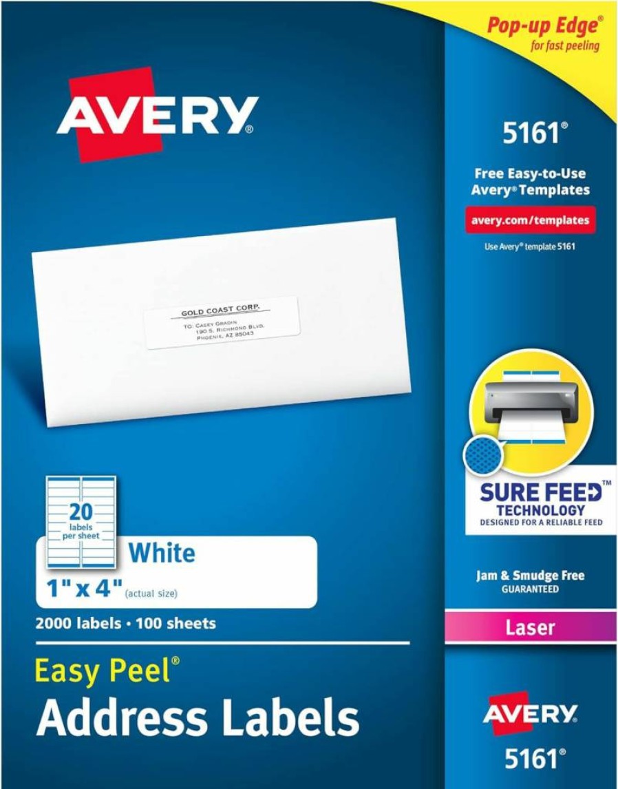 Avery 5161 Easy Peel Printable Address Labels, 1" x 4" White, 2,000 Blank Mailing Labels for Laser Printers with Sure Feed Technology