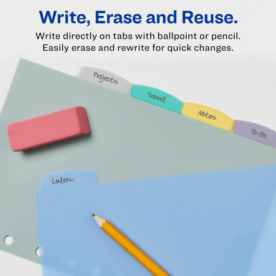 AVERY 5.5" x 8.5" Reusable Plastic Binder Dividers, 5-Tab Multicolor Set for 3-Ring & 7-Ring Binders, 4-Pack (21982) Write & Erase Durable Tabs