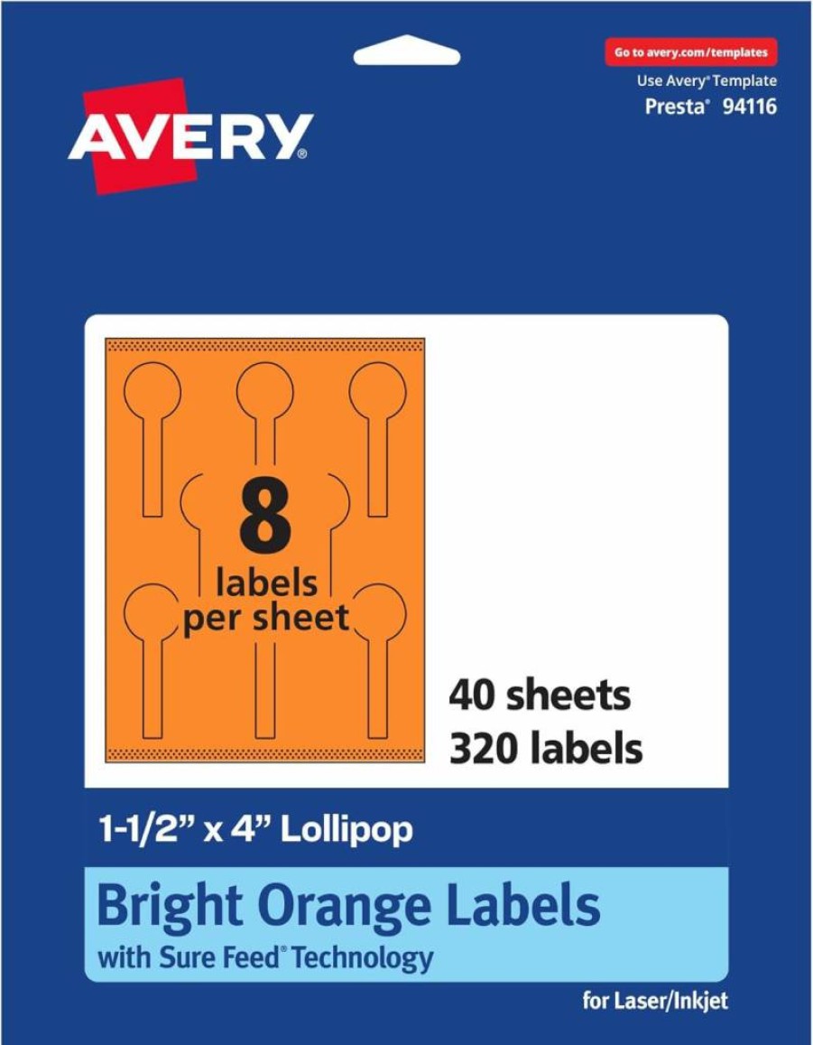 Avery Bright Orange Printable Lollipop Labels 1.5" x 4" - 80 Sure Feed Stickers for Jars, Baking, Laser/Inkjet Print-To-The-Edge