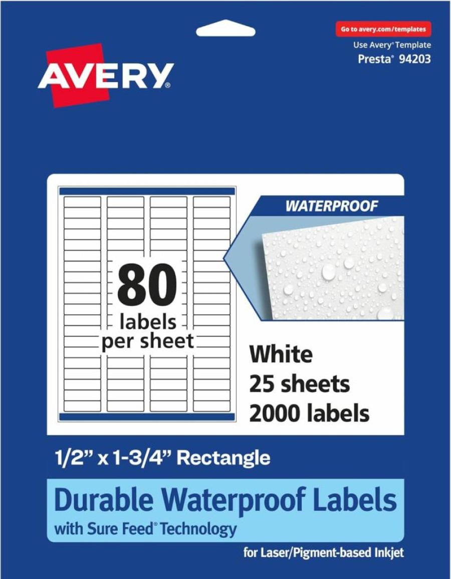 Avery Sure Feed Durable Waterproof Labels 0.5" x 1.75" - 800 Oil, Tear-Resistant Laser/Inkjet Printable Rectangle Stickers