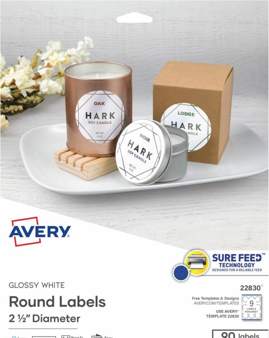 AVERY 22830 Glossy White Printable Round Labels, 2.5" Diameter, 450 Customizable Labels with Sure Feed Technology