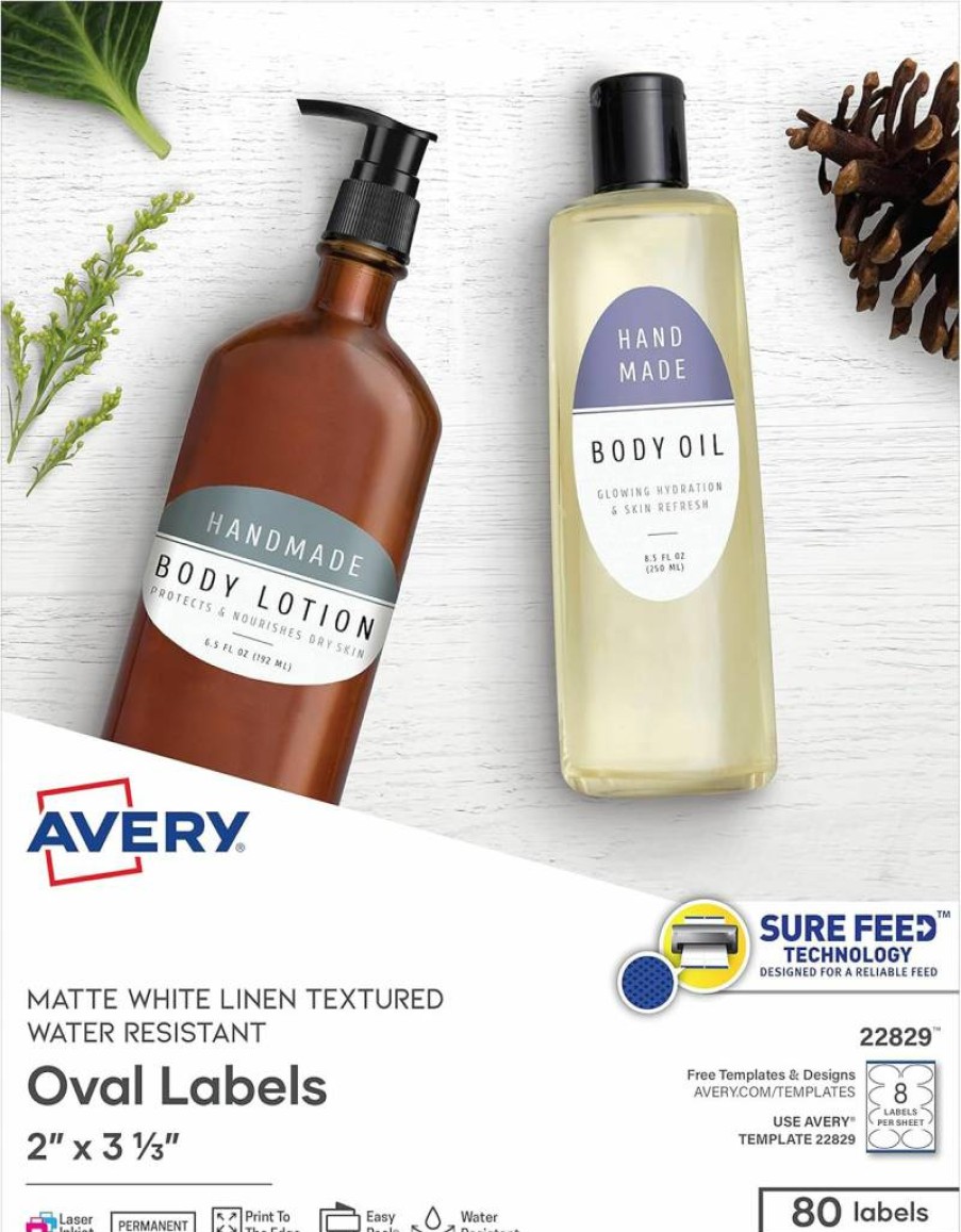AVERY 22829 Printable Oval Labels, 2" x 3.33" Textured Matte White, 80 Customizable Stickers for Laser/Inkjet Printing