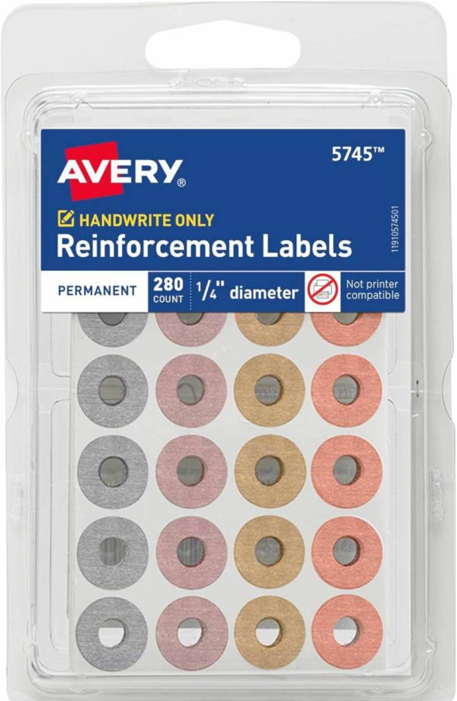 Avery 5745 Metallic Reinforcement Labels, 1/4" Round Permanent Adhesive Stickers, 280-Pack Non-Printable Page Reinforcements, Assorted Colors