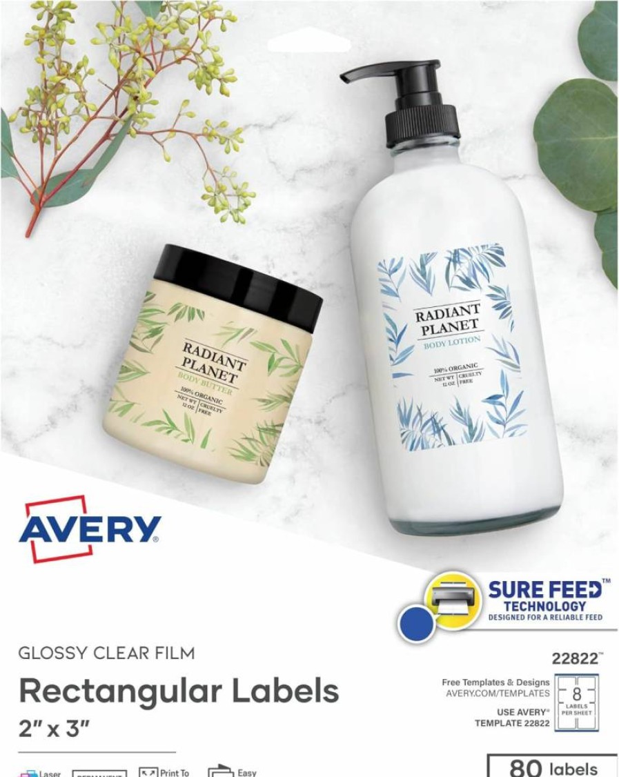 AVERY 22822 Glossy Clear Printable Labels, 2" x 3" Rectangle, 80 Customizable Blank Stickers for Laser/Inkjet Printers