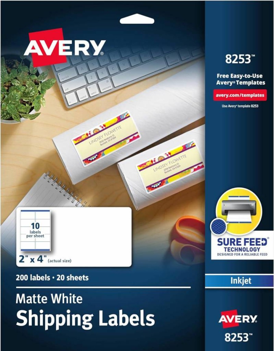 AVERY 8253 Matte White Shipping Labels, 2" x 4", 200-Pack, Permanent Adhesive, Sure Feed Technology for Laser/Inkjet Printers