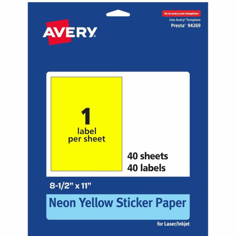 Avery Neon Yellow Printable Sticker Paper, 8.5" x 11" Full-Sheet Labels, 20-Pack for Laser/Inkjet Printing, Ideal for Packaging & DIY Stickers