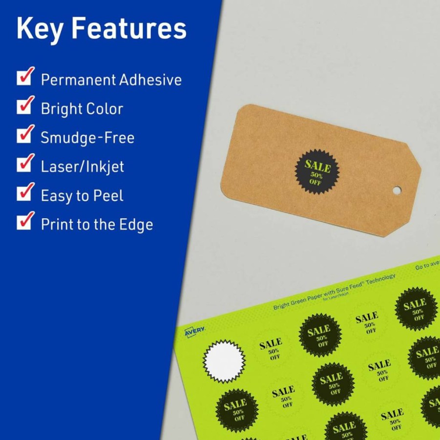 Avery Sure Feed Printable Starburst Labels 1" Bright Green, Print-To-The-Edge for Laser/Inkjet, 480 Labels for Mailing Seals & Planner Stickers