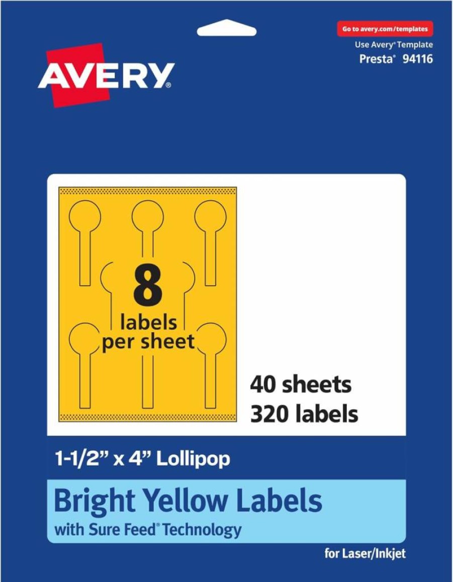 AVERY Printable Lollipop Labels 1-1/2" x 4" - Bright Yellow Sure Feed Stickers for Jars, Baking & Packaging (160 Labels, Laser/Inkjet Compatible, Print-To-The-Edge)