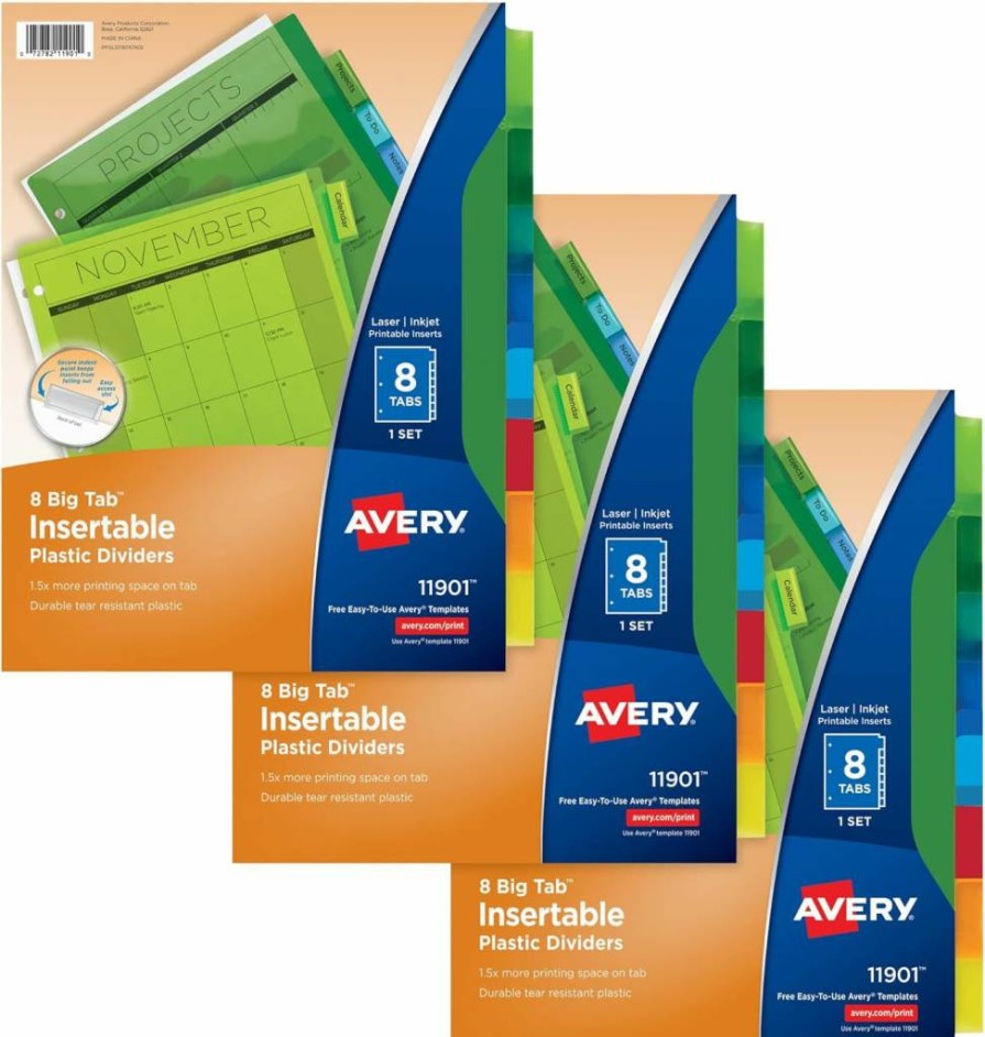 Avery 11901 8-Tab Multicolor Plastic Binder Dividers for 3-Ring Binders, 3 Sets with Insertable Big Tabs