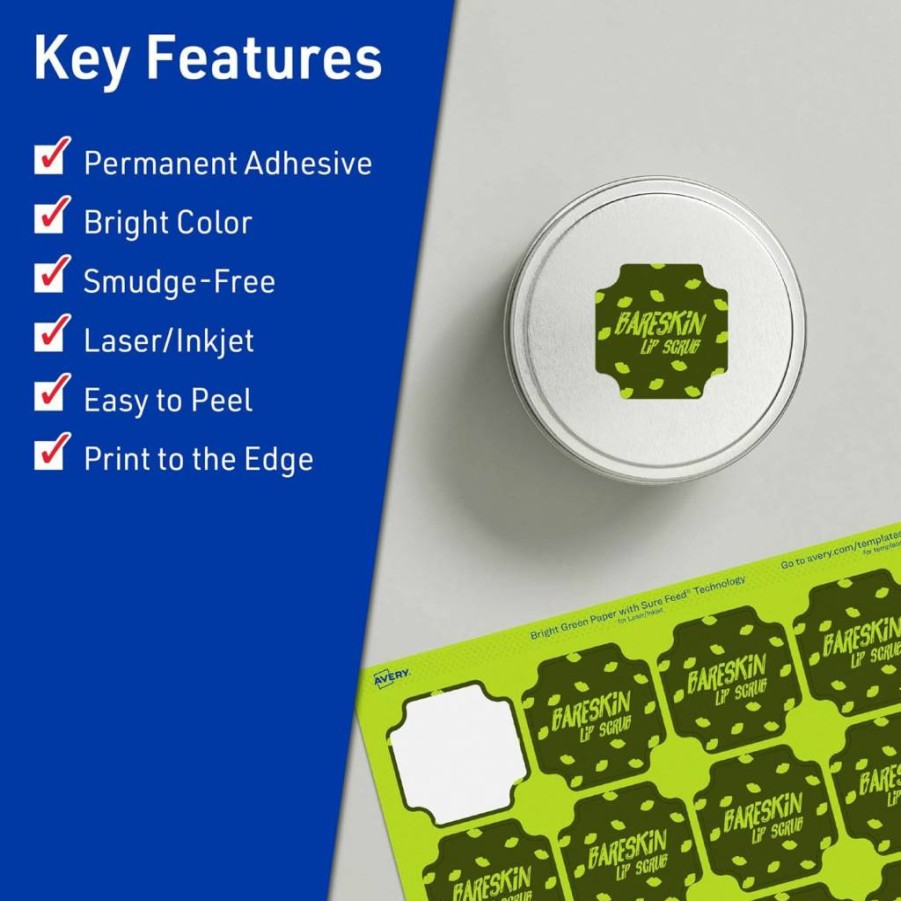 Avery Bright Green Printable Scalloped Labels 1-5/8" x 1-5/8" - 200 Pack, Sure Feed Technology, Laser/Inkjet Compatible, Print-To-The-Edge for Cosmetics & Jars