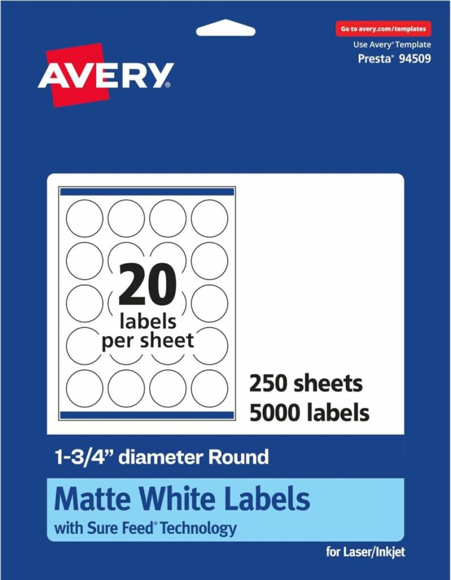 Avery Matte White Round Labels 1.75" Diameter, 500 Pack, Sure Feed Technology, Printable Matte Finish for Laser & Inkjet Printers
