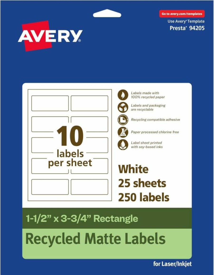 Avery Recycled Matte White Labels 1.5" x 3.75" - Eco-Friendly, Permanent Adhesive, Laser/Inkjet Printable, 250 Pack, Print-To-The-Edge Design