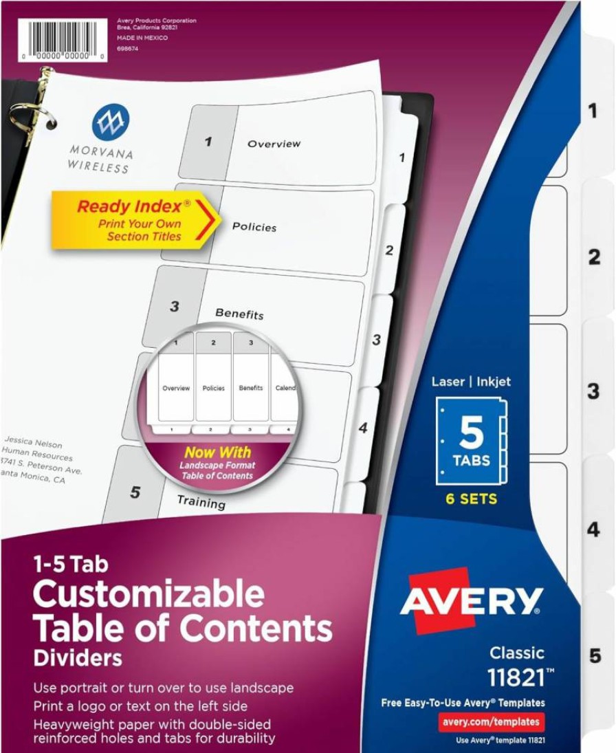 AVERY 5-Tab Dividers for 3-Ring Binders, 6 Sets with Customizable White Tabs, Organizer Inserts for Office, School, 11821