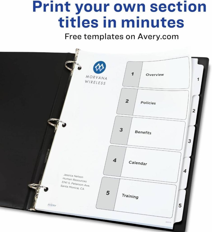 AVERY 5-Tab Dividers for 3-Ring Binders, 6 Sets with Customizable White Tabs, Organizer Inserts for Office, School, 11821