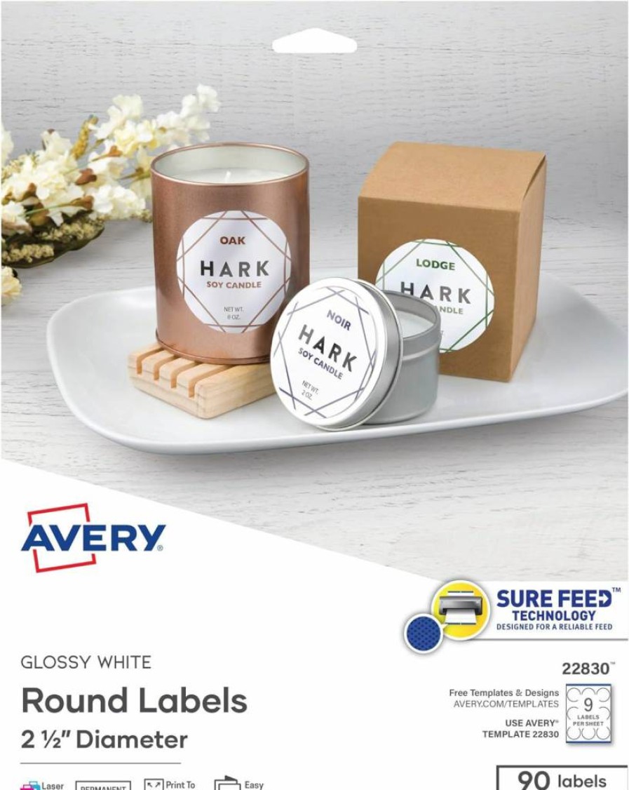 Avery 22830 Glossy White Printable Round Labels, 2.5" Diameter, 90 Customizable Labels with Sure Feed Technology