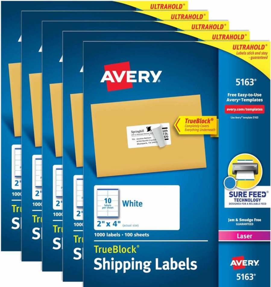 AVERY 5163 Printable Shipping Labels, 2" x 4" White Blank Mailing Stickers, 5-Pack (5,000 Labels), Sure Feed Technology for Reliable Printing, Customizable for Shipping, Mailing & More