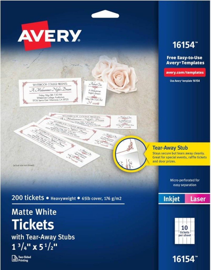 AVERY 16795 Matte White Printable Tickets with Tear-Away Stubs, 1.75" x 5.5", 500 Blank Laser/Inkjet Printer Tickets for Events, Raffles, and Admission