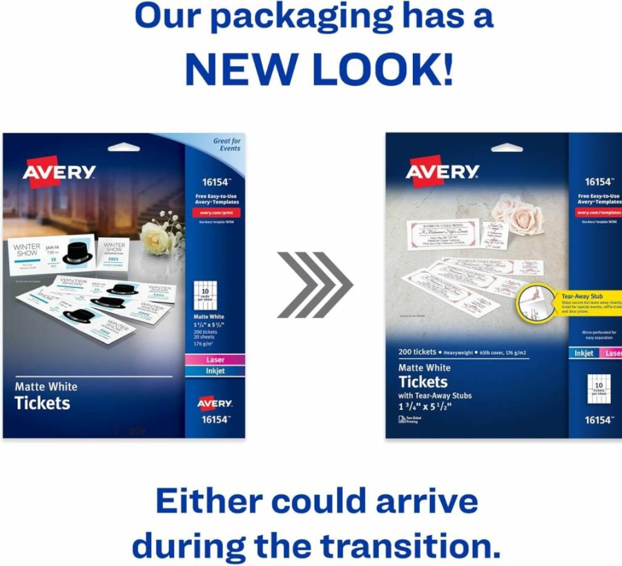 AVERY 16795 Matte White Printable Tickets with Tear-Away Stubs, 1.75" x 5.5", 500 Blank Laser/Inkjet Printer Tickets for Events, Raffles, and Admission