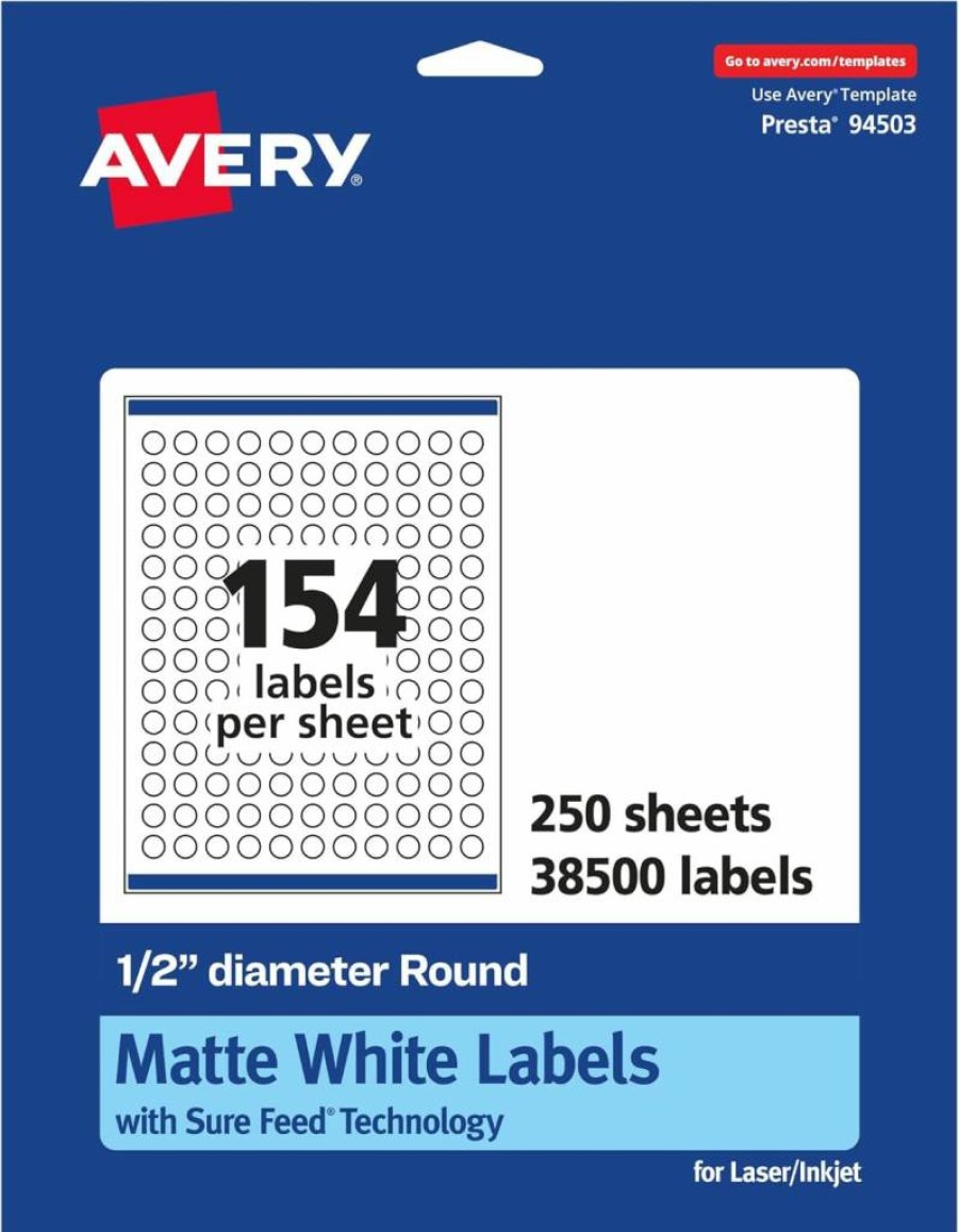 Avery Matte White Round Labels 1/2" Diameter, 3,850 Count, Sure Feed Technology, Printable for Laser/Inkjet Printers
