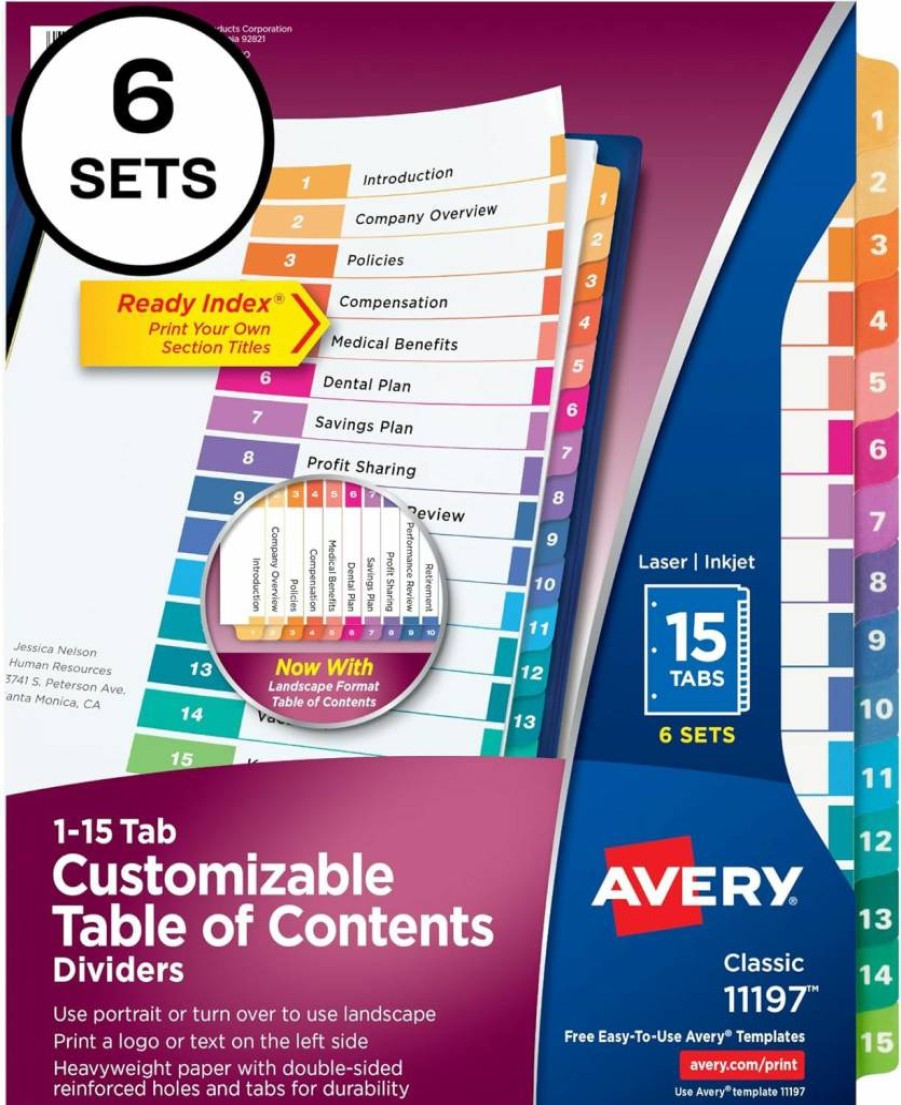 AVERY 11197 15-Tab Multicolor Customizable Dividers for 3-Ring Binders, 6 Sets with Table of Contents