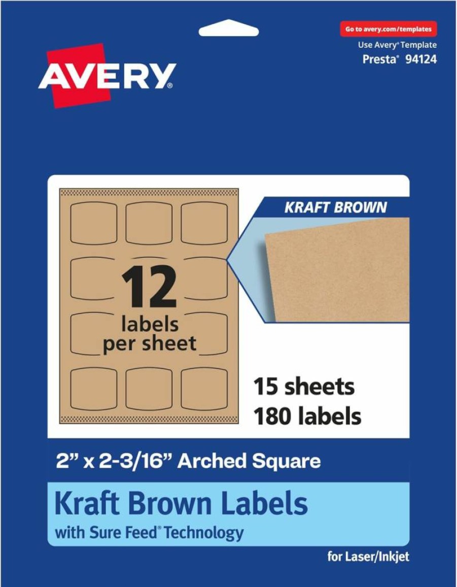 AVERY Kraft Brown Square Labels with Sure Feed, 2" x 2-3/16", 180-Pack, Print-to-Edge for Laser/Inkjet Printers