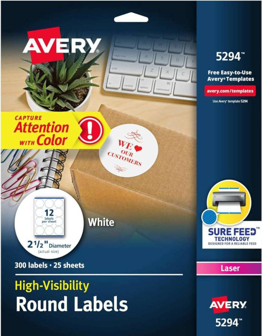 Avery 45294 Round Printable Labels, 2.5" Diameter, White, High Visibility, Sure Feed Technology, Laser Printer Compatible, 300 Labels per Pack (2 Packs, 600 Total), Customizable Blank Labels