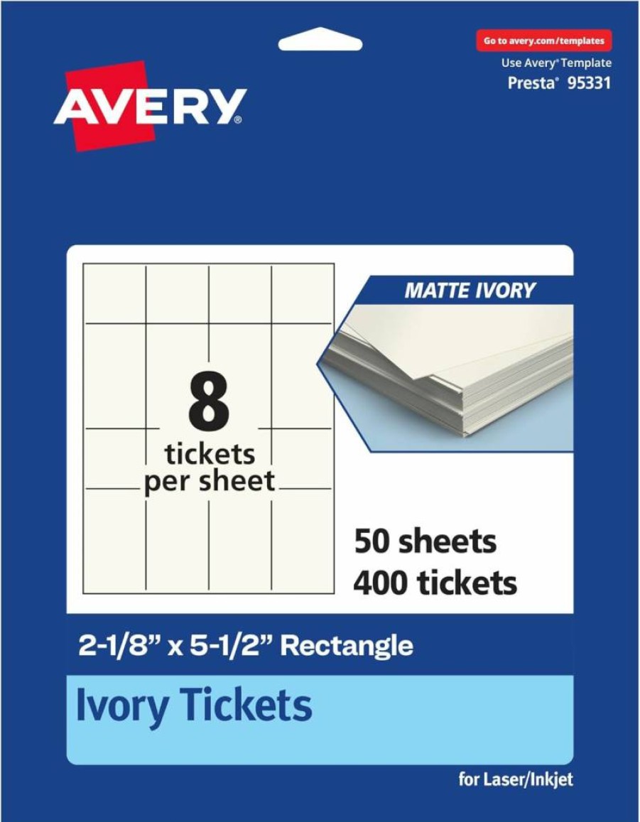 Avery Matte Ivory Printable Tickets 2-1/8" x 5-1/2" - 200 Sheets Laser/Inkjet Cardstock for Events & Labels