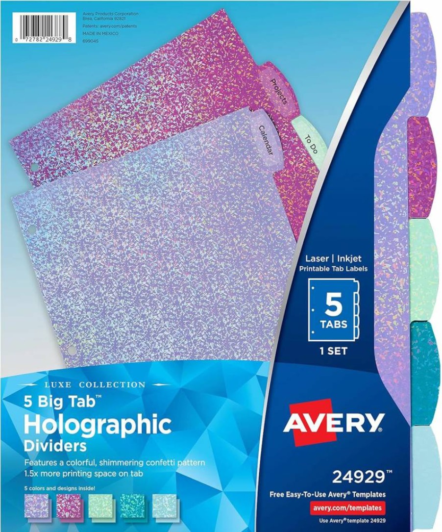 Avery Luxe Holographic 5-Tab Binder Dividers Set - Confetti Pattern Fashion Organizers for 3-Ring Binders (24929)