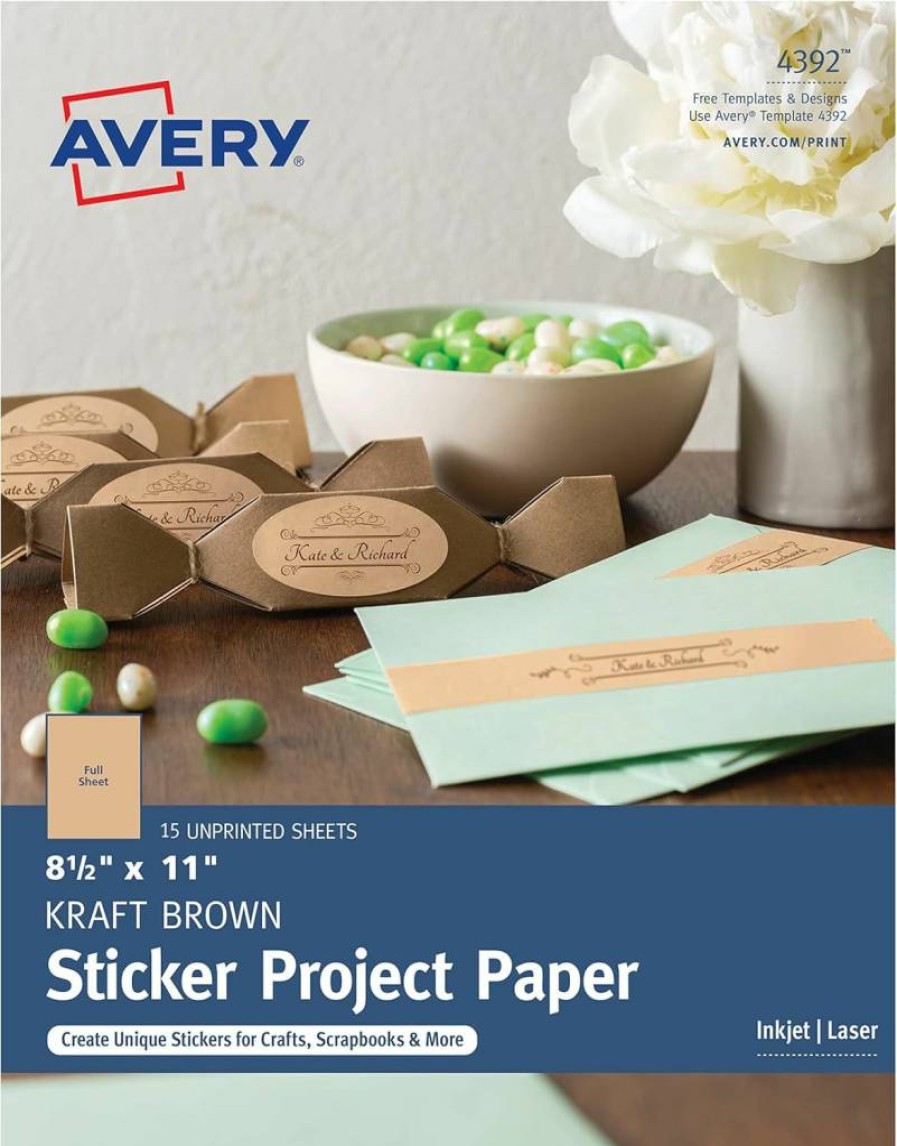 AVERY Kraft Brown Printable Sticker Paper for Inkjet Printers, 8.5" x 11" Craft Paper Sheets, 15-Pack (4392)