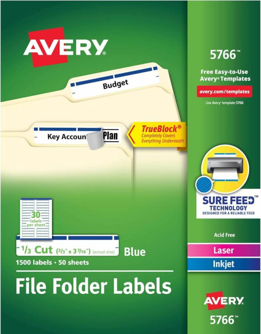 AVERY Trueblock Permanent File Folder Labels, 2/3" x 3-7/16", 1,500 White/Blue Printable Labels (5766)