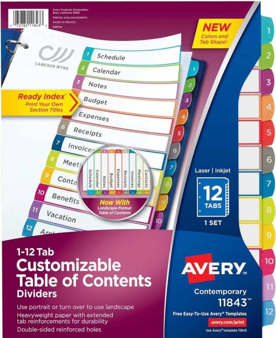 AVERY 12-Tab Multicolor Dividers for 3-Ring Binder, 24-Page Customizable Set with Table of Contents (11843)
