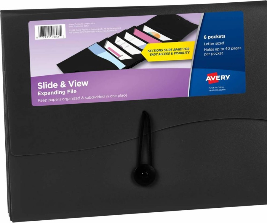Avery 73517 Black Slide & View Expanding File Folder, Letter Size, 5 Pockets, Organizer for Documents