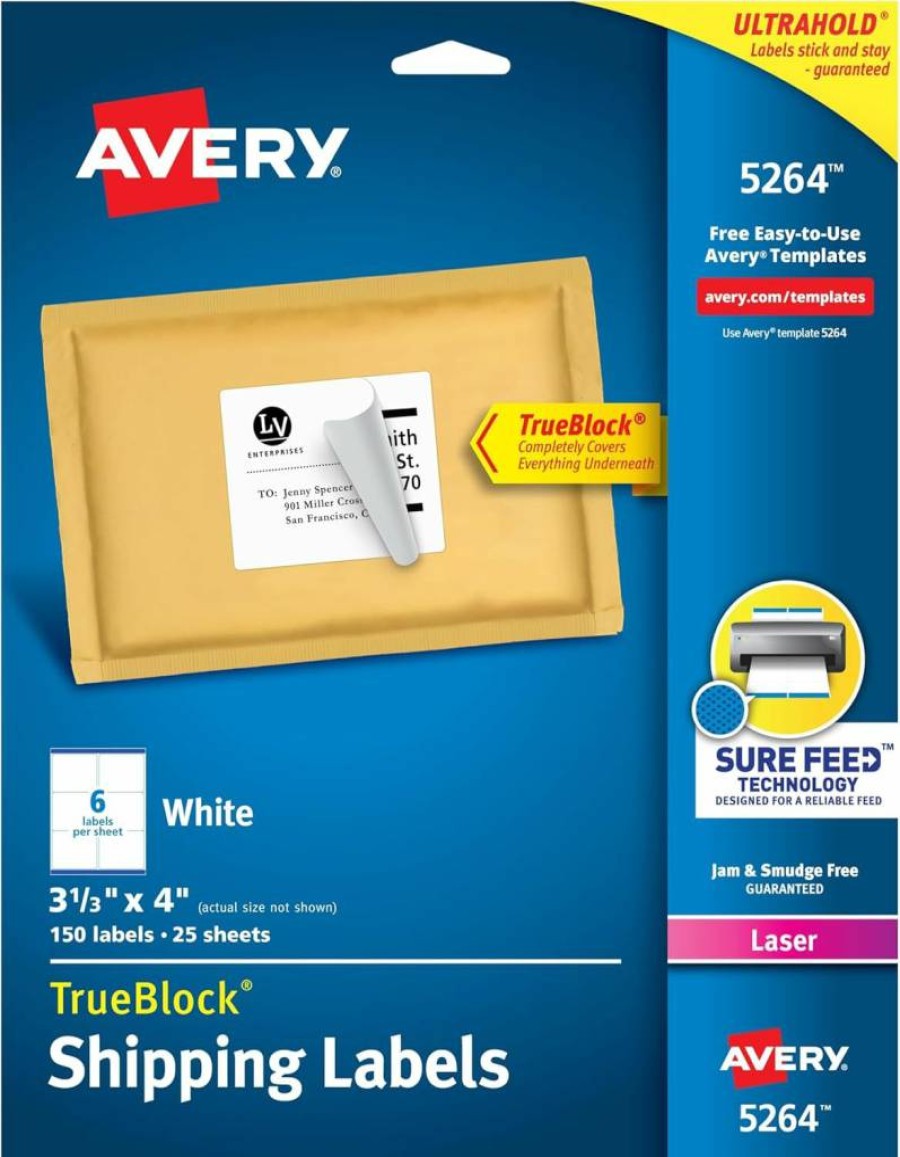 Avery 5264 Printable Shipping Labels, 3-1/3" x 4" White Mailing Labels, 150 Blank Labels with Sure Feed Technology
