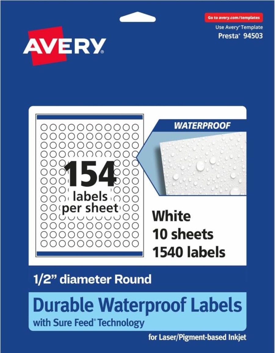 Avery Round Waterproof Labels 0.5" - 1,540 Pack, Sure Feed for Laser/Inkjet, Oil & Tear-Resistant, Print-to-Edge Durable Stickers