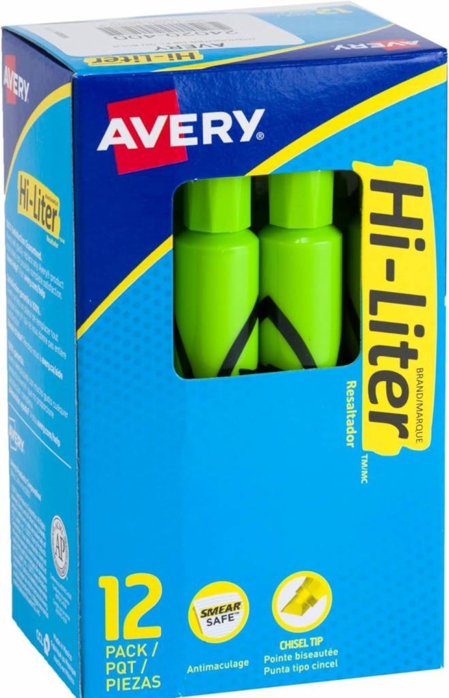 Avery 24020 Fluorescent Green Highlighters, 12-Pack, Chisel Tip, Smear-Safe Ink for Desk Use
