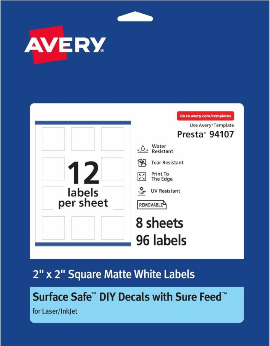 Avery Removable Square Labels 2"x2", Matte White Water-Resistant Film, Sure Feed for Laser/Inkjet Printers, 96-Pack, Print-To-The-Edge Design