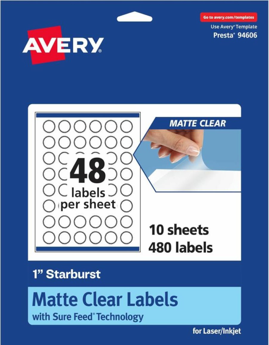 Avery Matte Clear Starburst Labels 1" - 1,200 Pack, Sure Feed Technology, Print-To-The-Edge, Laser/Inkjet Printable, Durable Adhesive