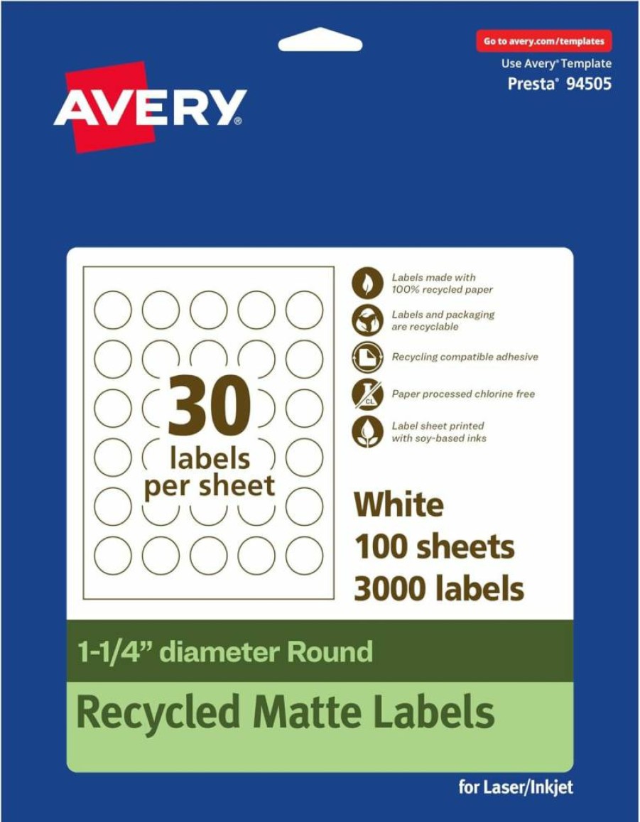AVERY Recycled Round Labels 1.25" - Matte White Eco-Friendly Permanent Adhesive, Print-To-The-Edge, Laser/Inkjet Printable, 300 Pack
