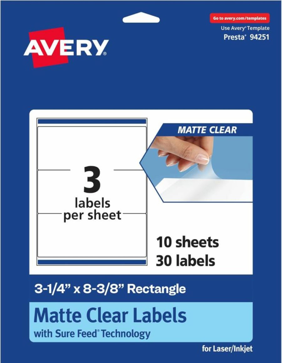 Avery Matte Clear Rectangle Labels 3-1/4" x 8-3/8" - 150 Pack, Laser/Inkjet Printable, Sure Feed Technology, Durable Adhesive