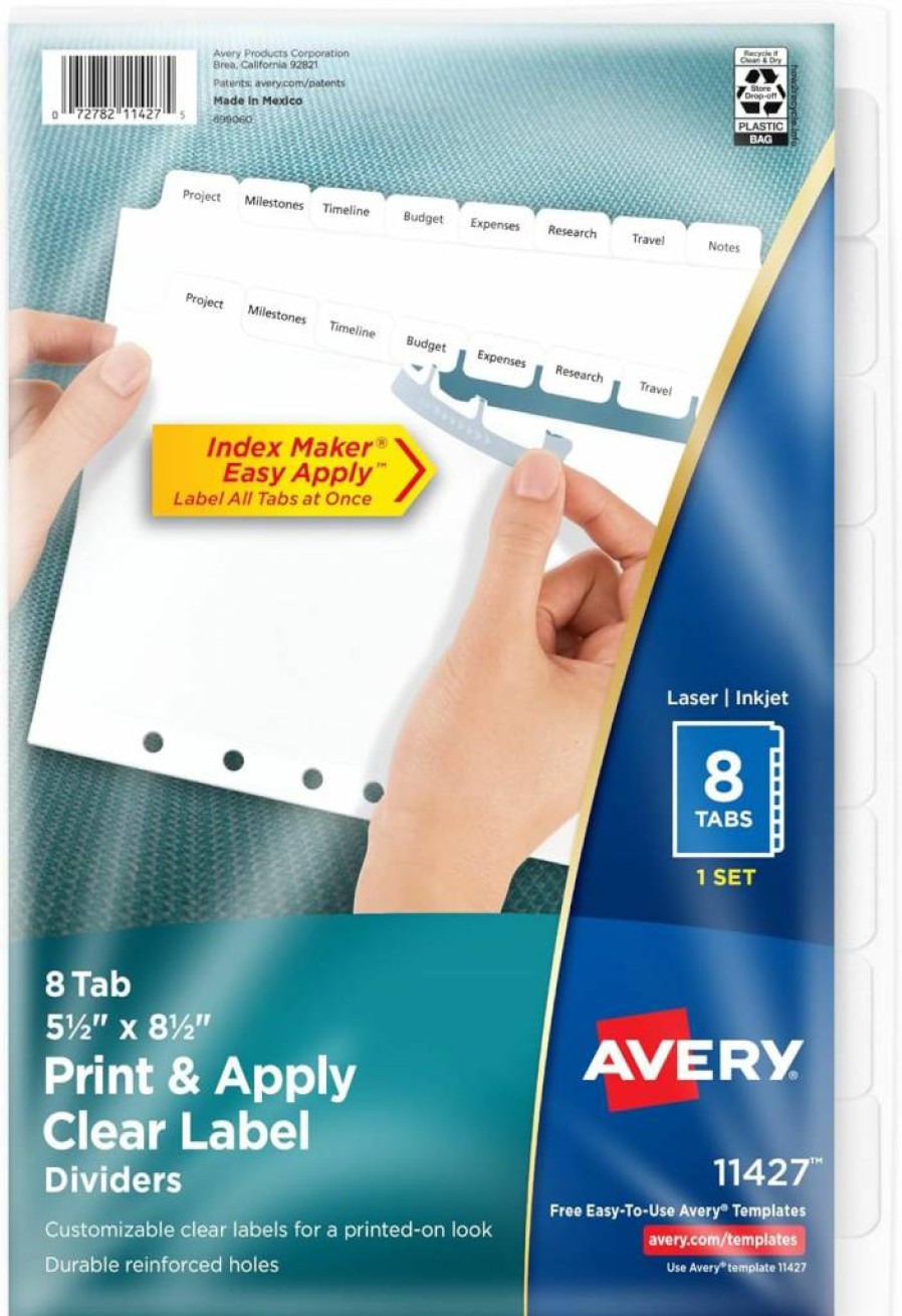 AVERY 8-Tab Mini Binder Dividers, 5.5" x 8.5", White Tabs with Clear Label Strips for Easy Printing, 1 Set (11427)